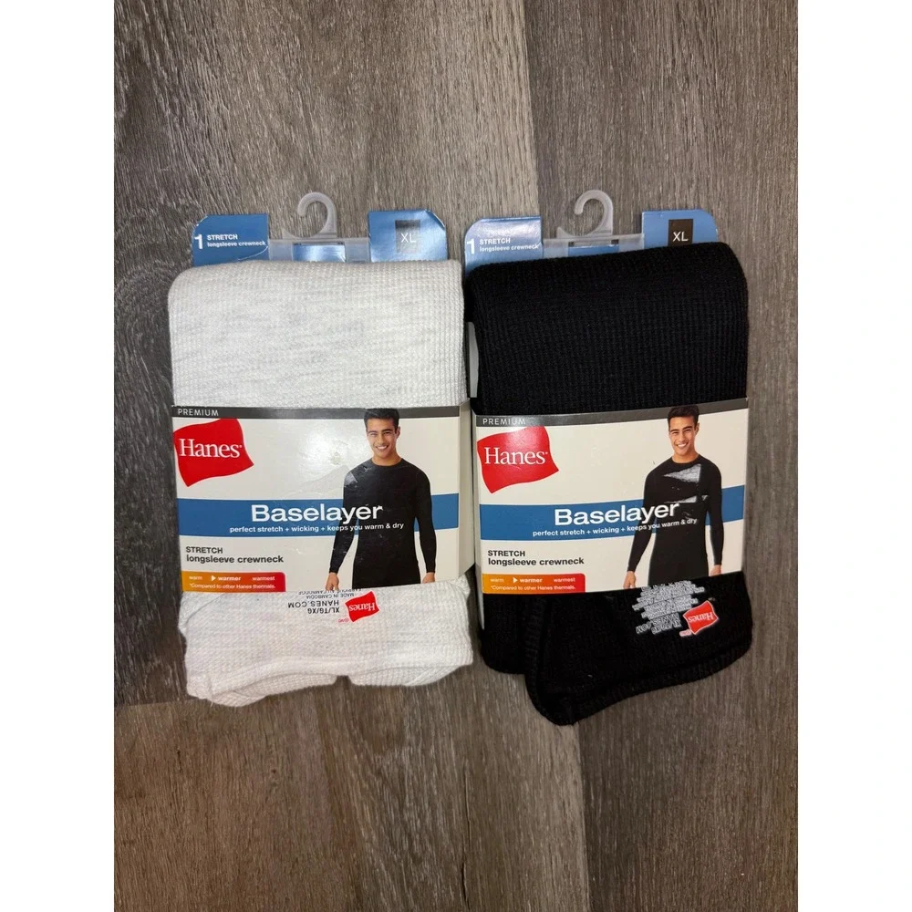 Hanes Premium Baselayer Mens XL 2 Pack Black White Stretch Thermal Crewneck Tops